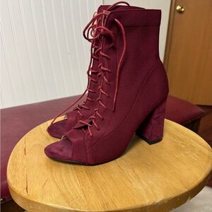 Red Lace-Up Ankle Booties with Chunky Heel